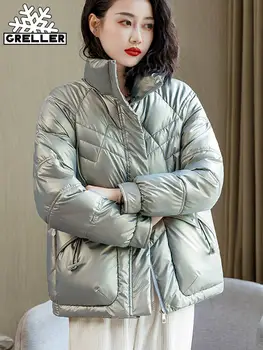 Зимняя одежда GRELLER, женские модные блестящие парки со стоячим воротником, Женское теплое пальто с хлопковой подкладкой, однотонная зимняя куртка для женщин