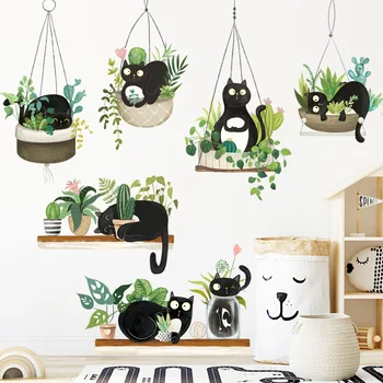 Наклейки на стены с милым котом, наклейки на стены с растениями в горшках для гостиной, украшения спальни, Водонепроницаемые фрески, самоклеящиеся обои