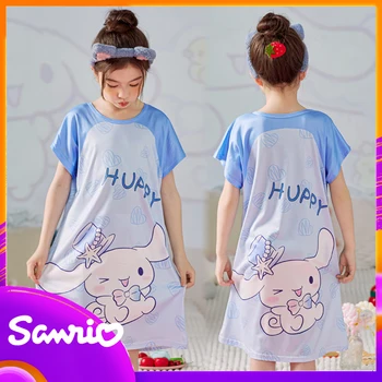 Пижама Sanrio из Аниме, Ночная рубашка Hellokitty Cinnamoroll Kuromi Mymelody, Детская Ночная рубашка, Кавайное платье с коротким рукавом, Одежда для девочек