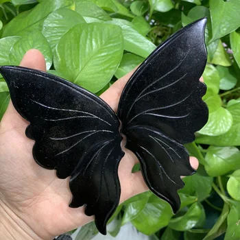 Фигурка из натурального черного обсидиана с крыльями ручной работы, Скульптура из минеральных крыльев бабочки с украшением подставки